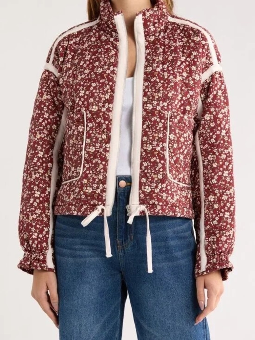 BLANKNYC Floral Quilted Cropped Jacket Red Cream Size L NWT